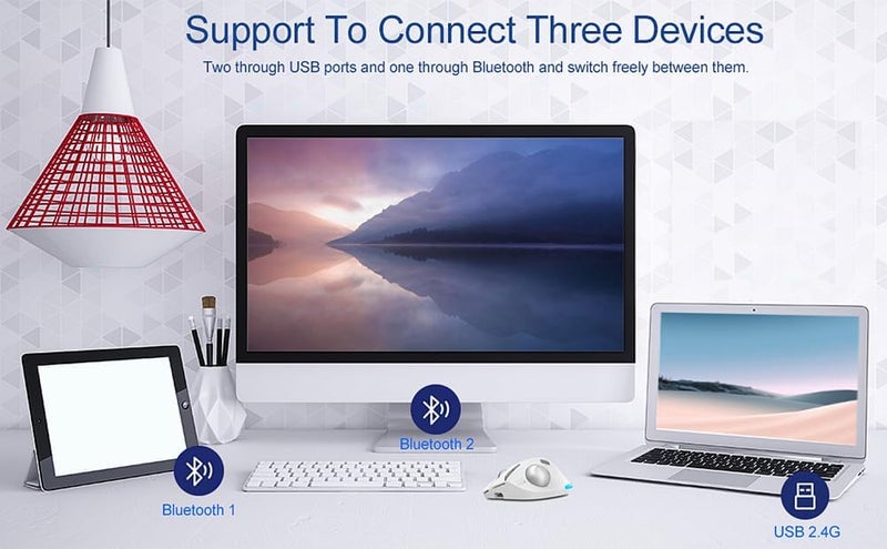 ZELOTES Trackball Mouse,Rechargeable Wireless Bluetooth Mouse,4800 DPI (5-Level Adjustable), Dual Mode (BT 5.0/3.0 + 2.4G USB Receiver),LED Lighting,Ergonomic Design,for Laptop, PC, Pad (White) - Image 4